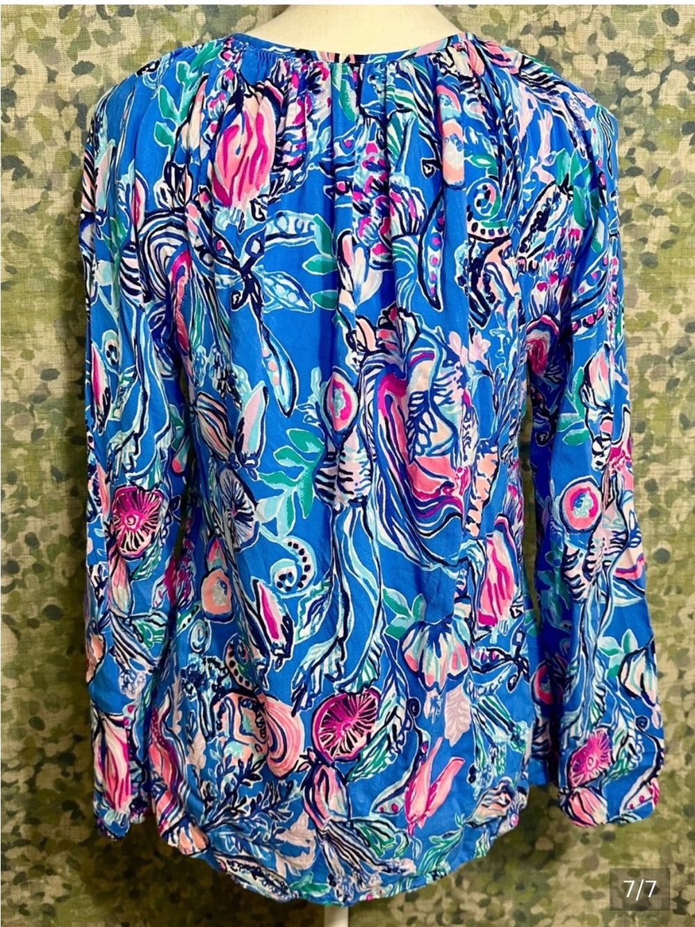 Lilly Pulitzer Blue Pink Ocean Print Tassel Tie Blouse Long Sleeve Size S - Picture 7 of 7